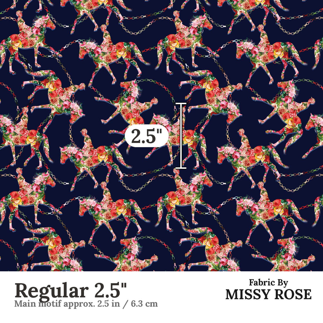 Design 342 Navy Horse Fabric Regular 2.5" - print scale | Fabric by Missy Rose