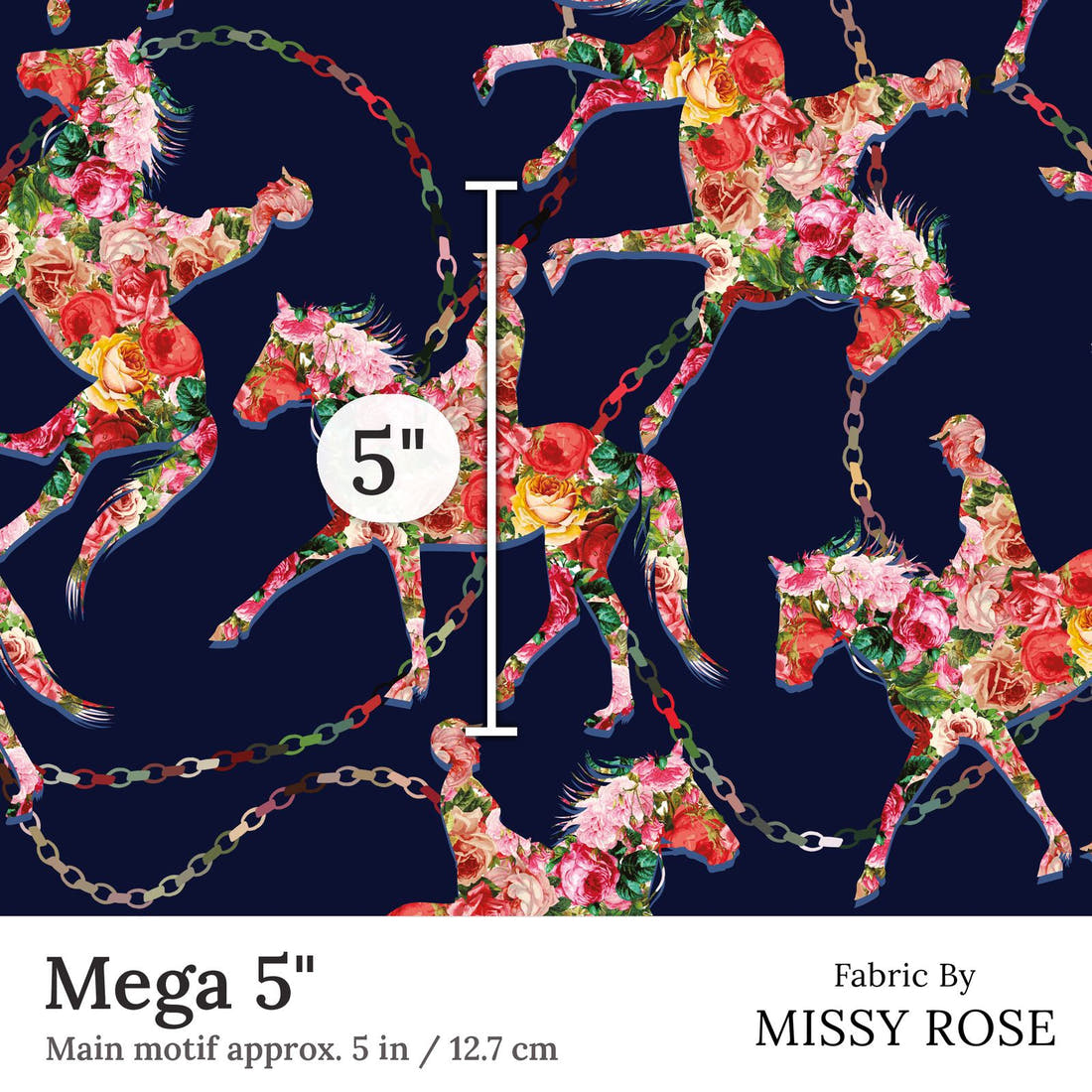 Design 342 Navy Horse Fabric Mega 5 inch print scale guide | Fabric by Missy Rose
