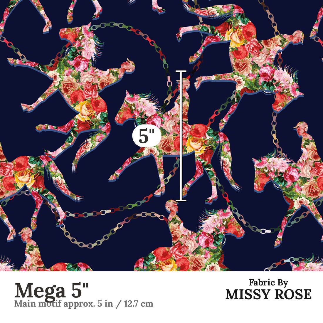 Design 342 Navy Horse Fabric Mega 5" - print scale | Fabric by Missy Rose