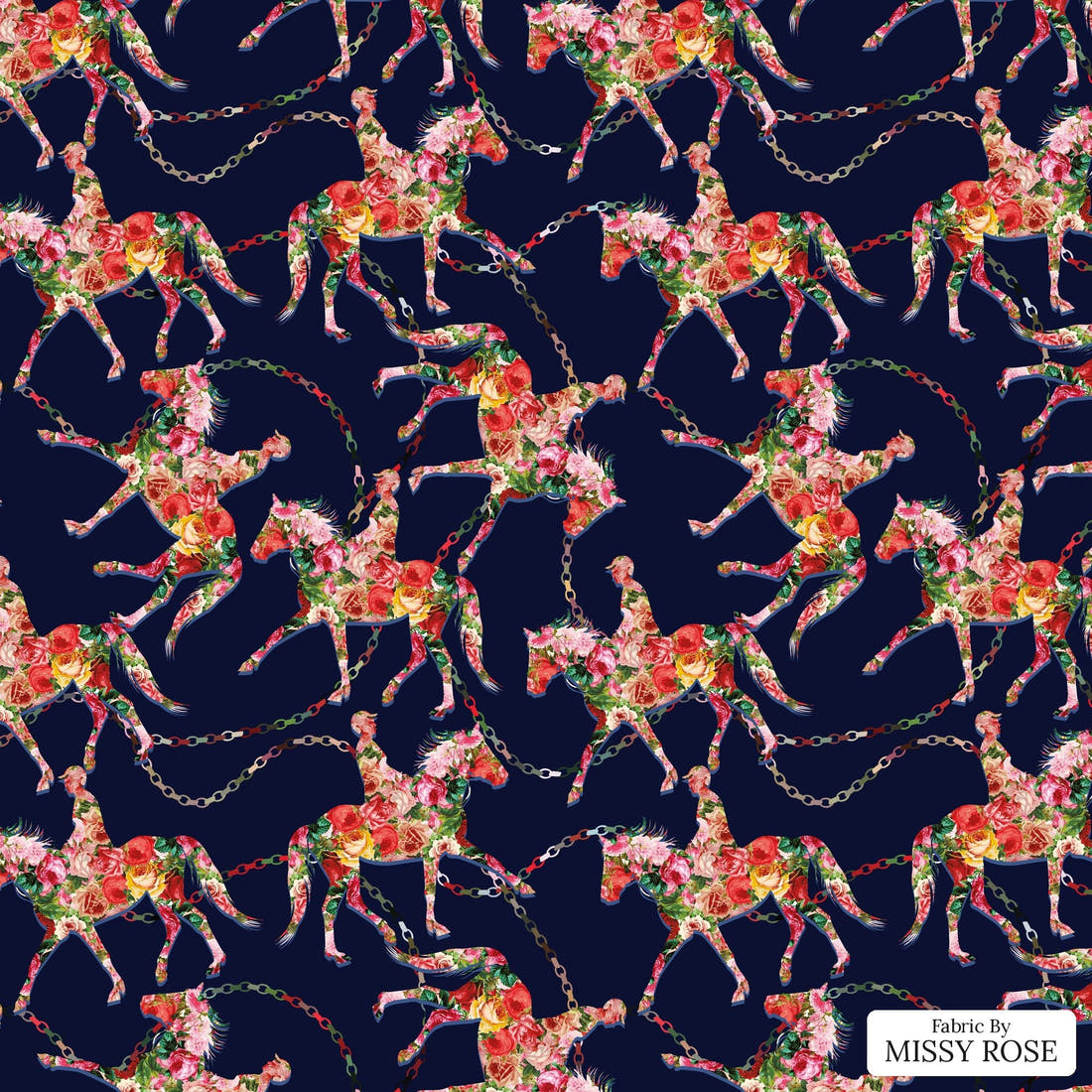 Design 342 Navy Horse Fabric - flat view of the print, zoom in for detail | Fabric by Missy Rose