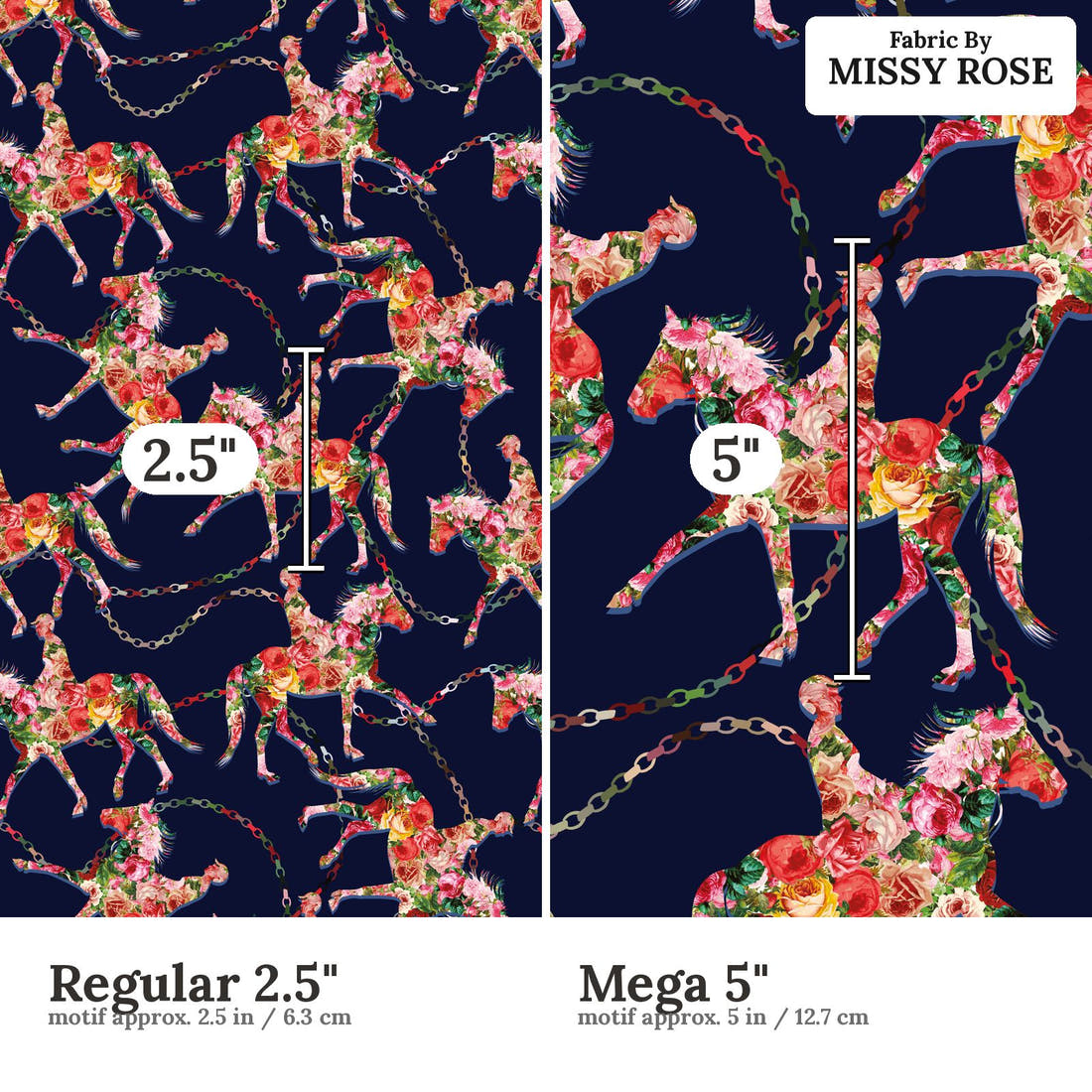 Design 342 Navy Horse Fabric size comparison - print scale | Fabric by Missy Rose