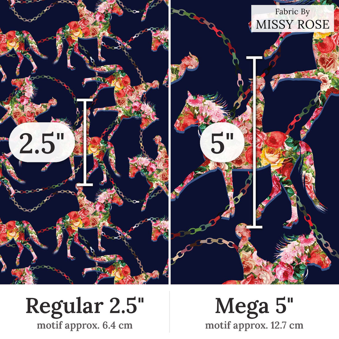 Design 342 Navy Horse Fabric Regular 2.5 inch vs Mega 5 inch print scale side by side | Fabric by Missy Rose