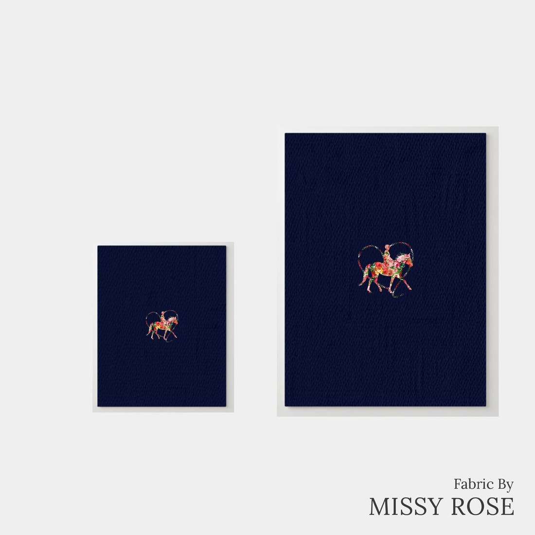 Design 342 Navy Horse Panel – universal and adult panel sizes side by side | Fabric by Missy Rose