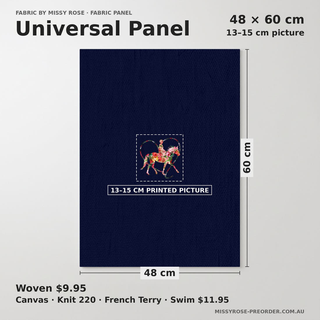 Design 342 Navy Horse Panel universal panel sizing – 13–15 cm printed picture on 48 × 60 cm fabric | Fabric by Missy Rose