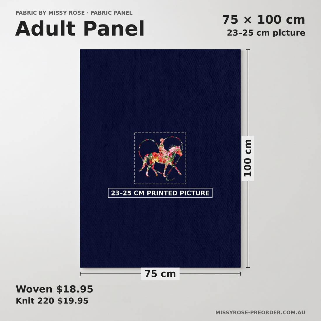 Design 342 Navy Horse Panel adult panel sizing – 23–25 cm printed picture on 75 × 100 cm fabric | Fabric by Missy Rose