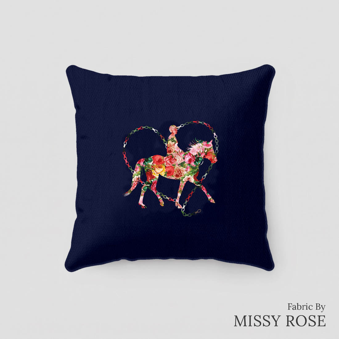 Design 342 Navy Horse Panel sewn into a cushion – see how the panel looks made up | Fabric by Missy Rose