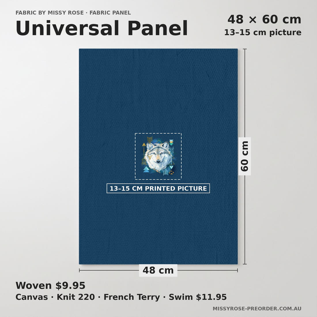 Design 343 Wolf Panel universal panel sizing – 13–15 cm printed picture on 48 × 60 cm fabric | Fabric by Missy Rose