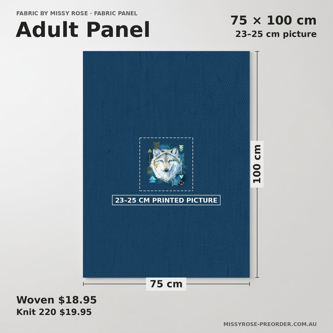 Design 343 Wolf Panel adult panel sizing – 23–25 cm printed picture on 75 × 100 cm fabric | Fabric by Missy Rose