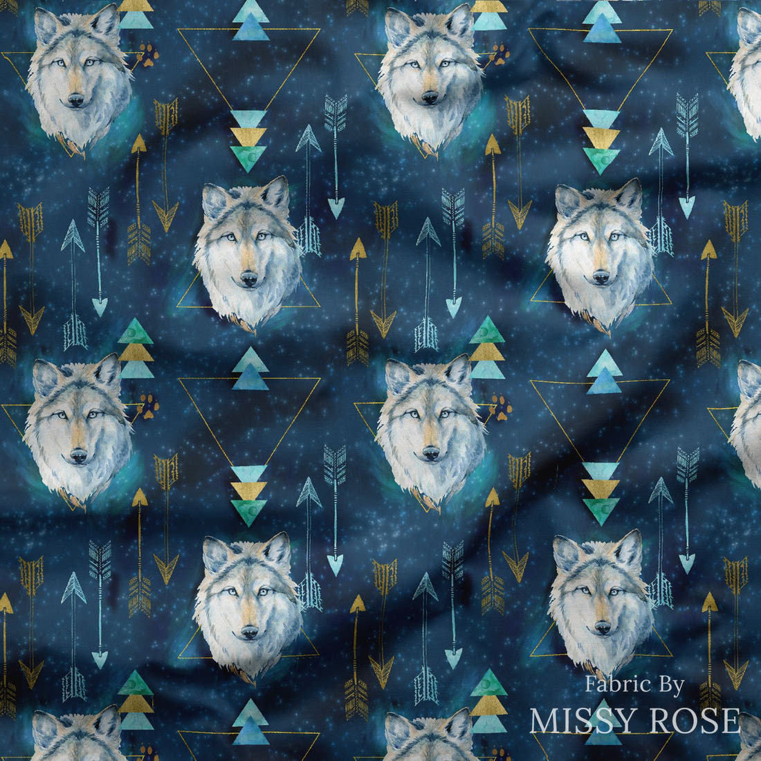 Design 343 Wolf Fabric draped fabric mockup – custom printed fabric by the metre | Fabric by Missy Rose