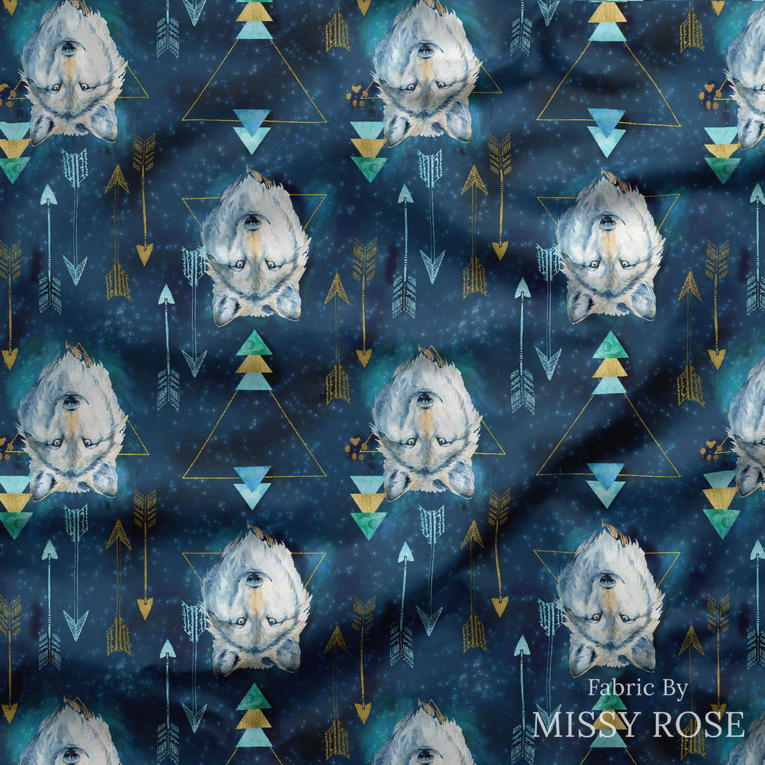 Design 343 Wolf Fabric draped fabric mockup – custom printed fabric by the metre | Fabric by Missy Rose