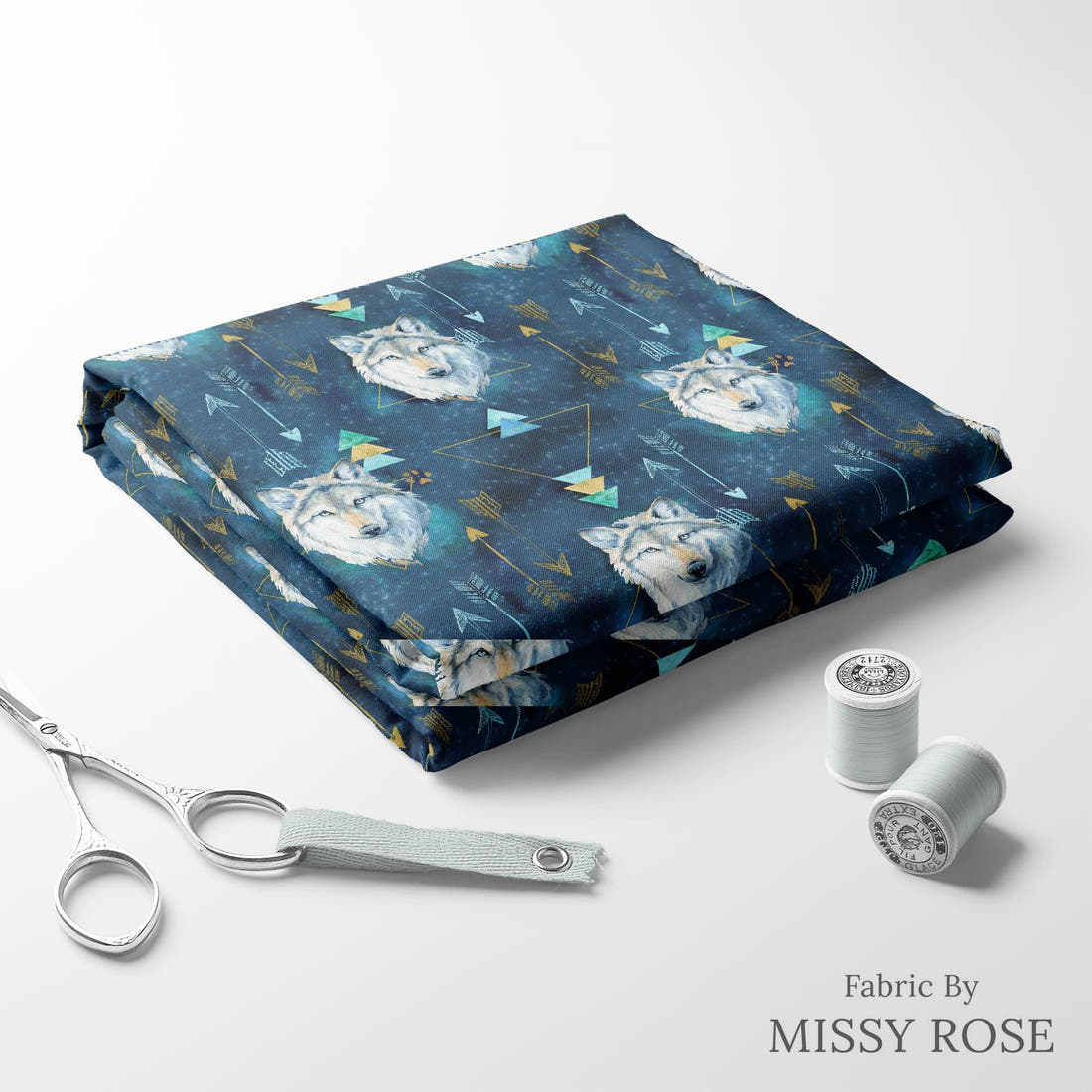 Design 343 Wolf Fabric folded fabric stack with matching thread – pre-order fabric Australia | Fabric by Missy Rose