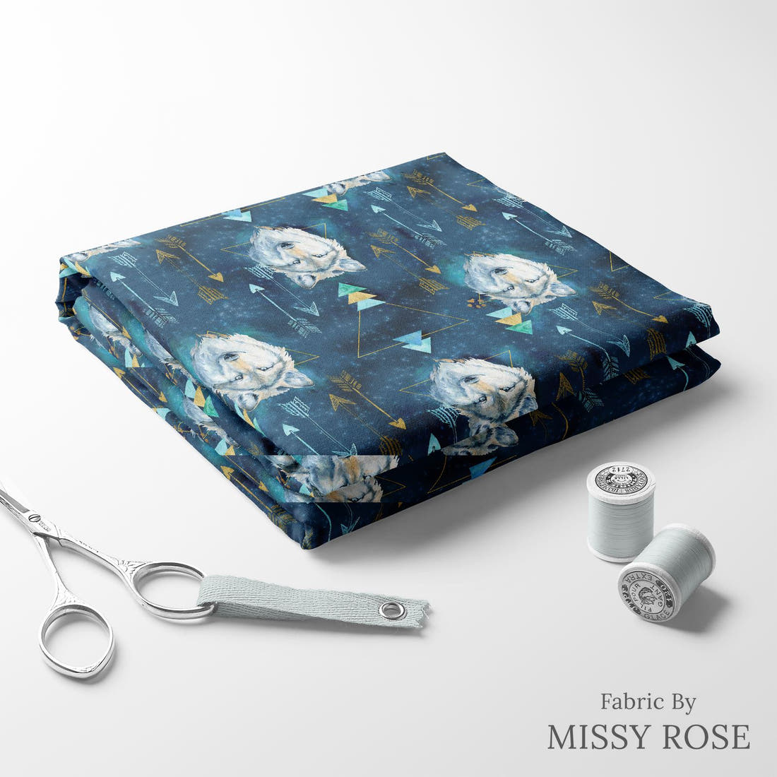 Design 343 Wolf Fabric folded fabric stack with matching thread – pre-order fabric Australia | Fabric by Missy Rose