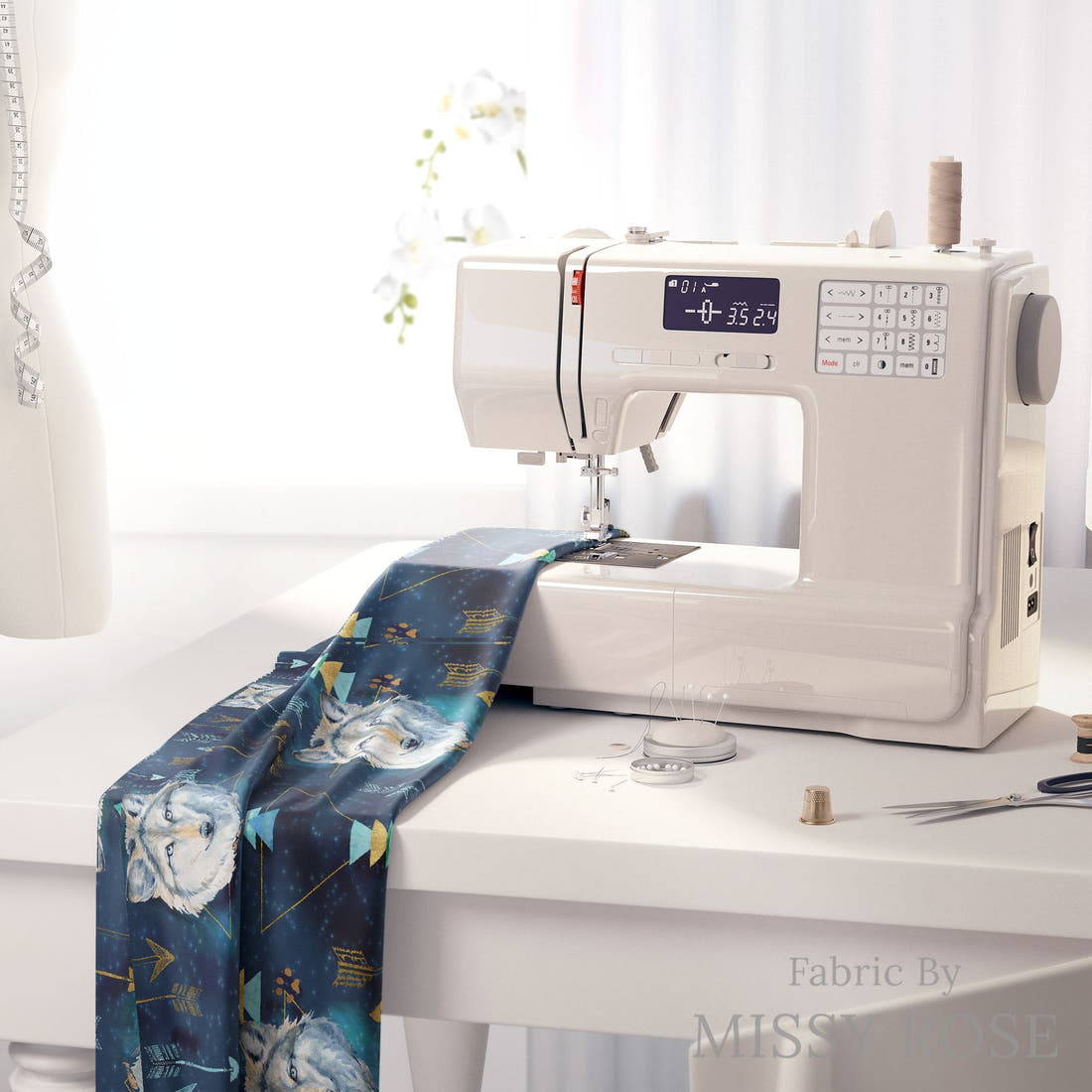 Design 343 Wolf Fabric on a sewing machine – premium fabric for sewing projects | Fabric by Missy Rose