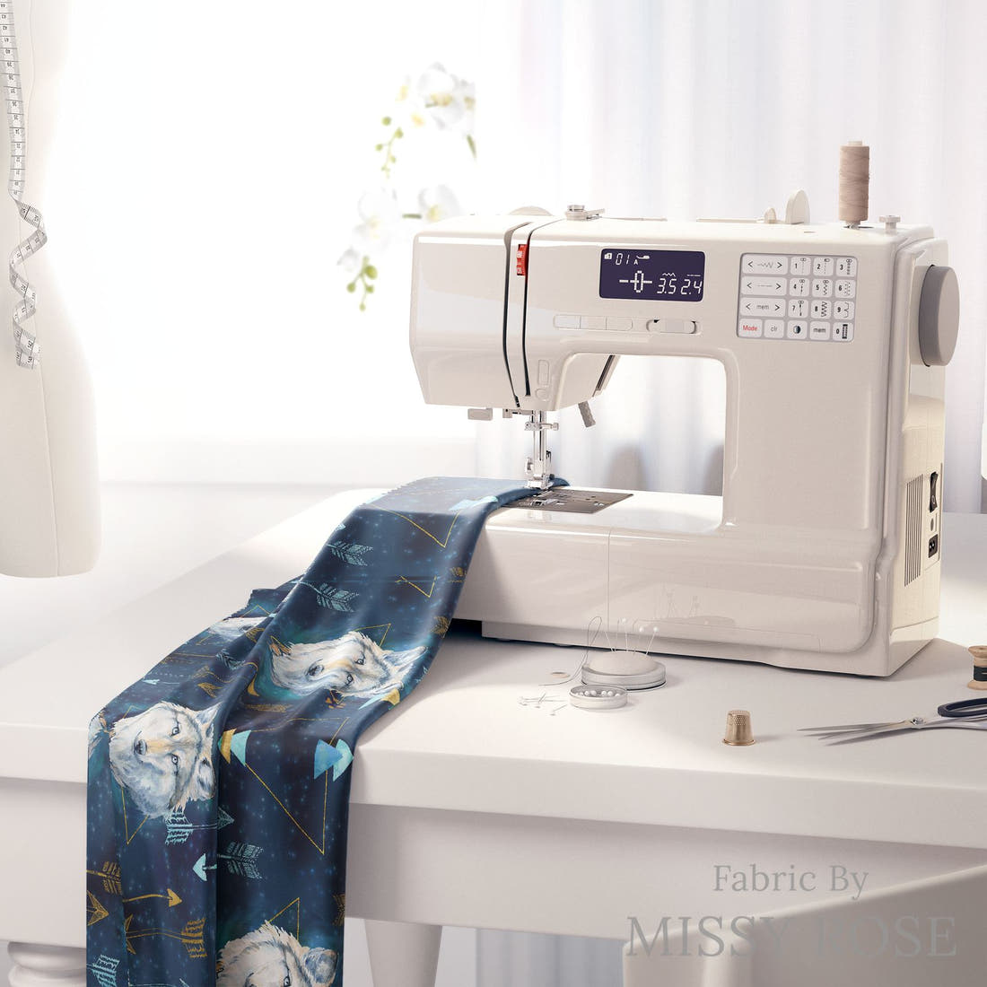 Design 343 Wolf Fabric on a sewing machine – premium fabric for sewing projects | Fabric by Missy Rose