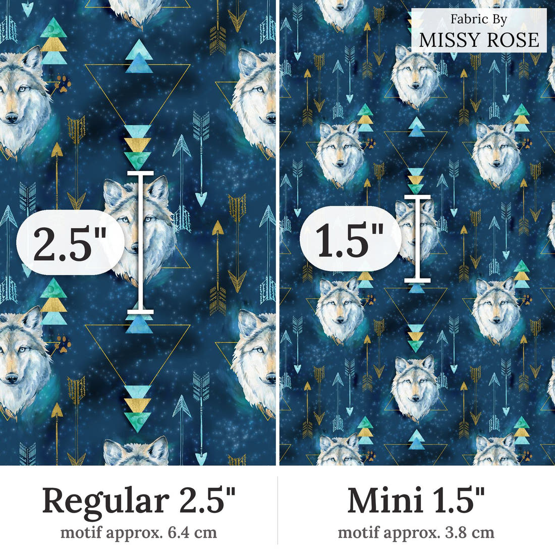 Design 343 Wolf Fabric Regular 2.5 inch vs Mini 1.5 inch print scale side by side | Fabric by Missy Rose