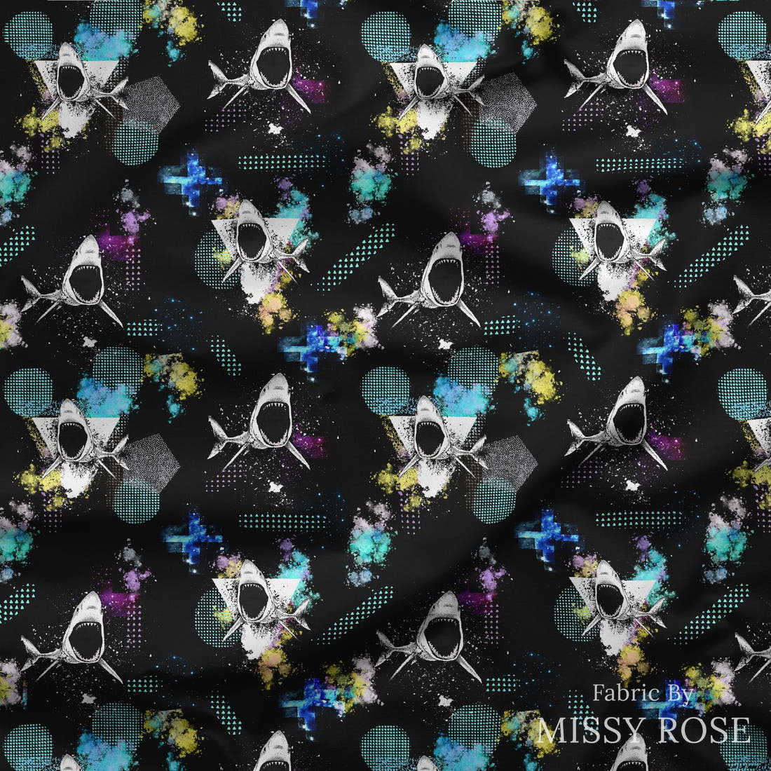 Design 344 Geometric Shark Fabric draped fabric mockup – custom printed fabric by the metre | Fabric by Missy Rose