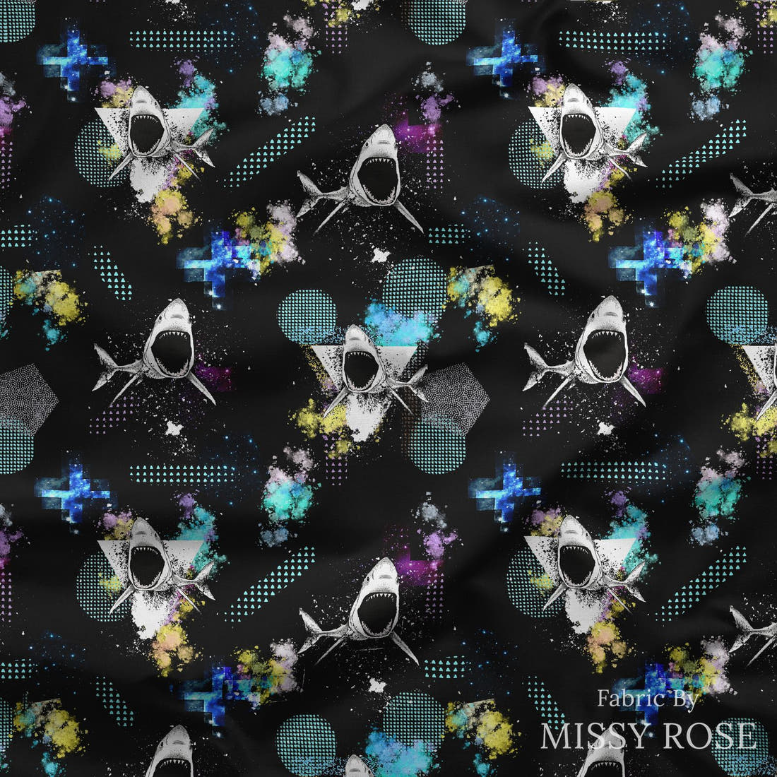 Design 344 Geometric Shark Fabric draped fabric mockup – custom printed fabric by the metre | Fabric by Missy Rose
