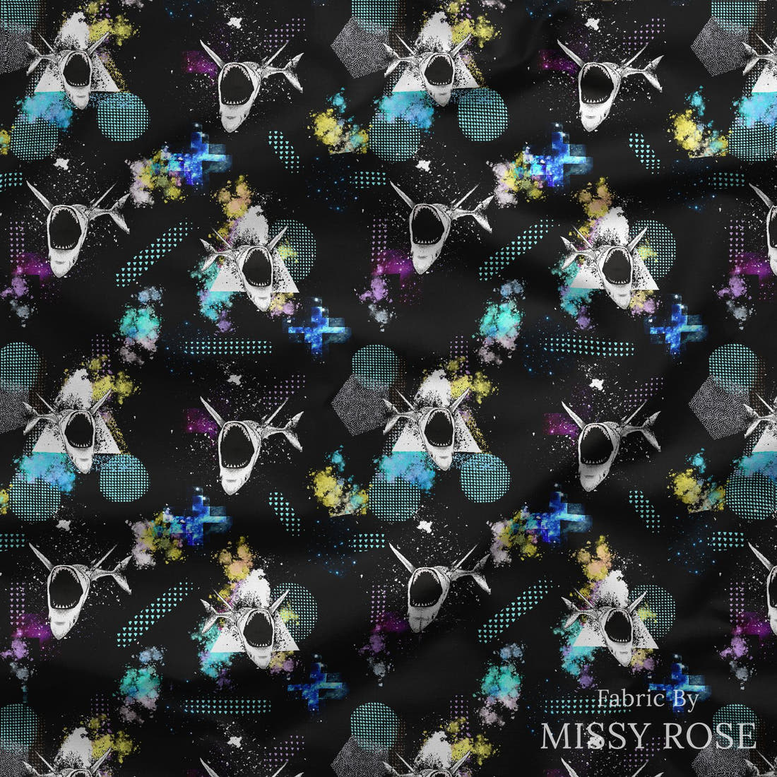 Design 344 Geometric Shark Fabric draped fabric mockup – custom printed fabric by the metre | Fabric by Missy Rose