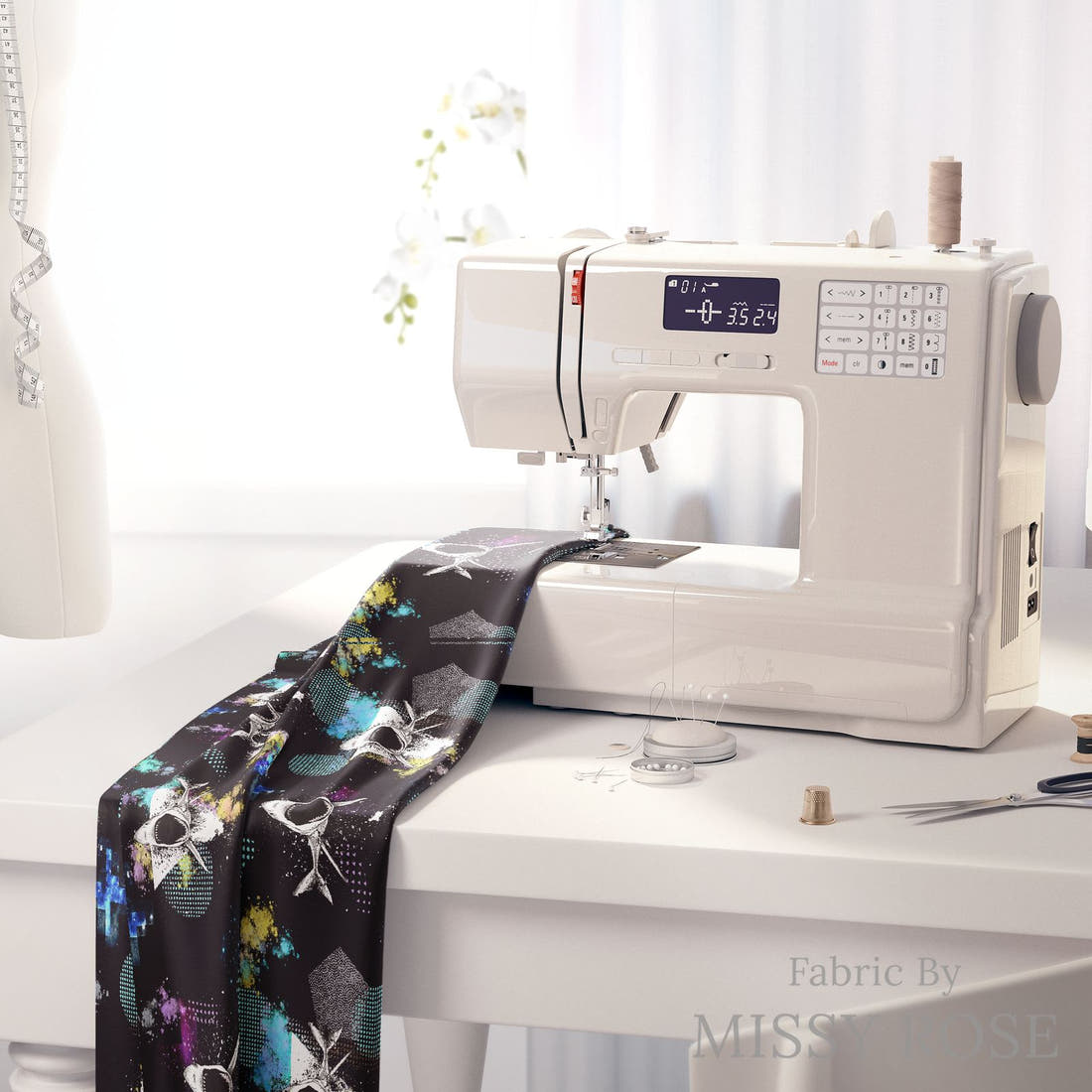 Design 344 Geometric Shark Fabric on a sewing machine – premium fabric for sewing projects | Fabric by Missy Rose