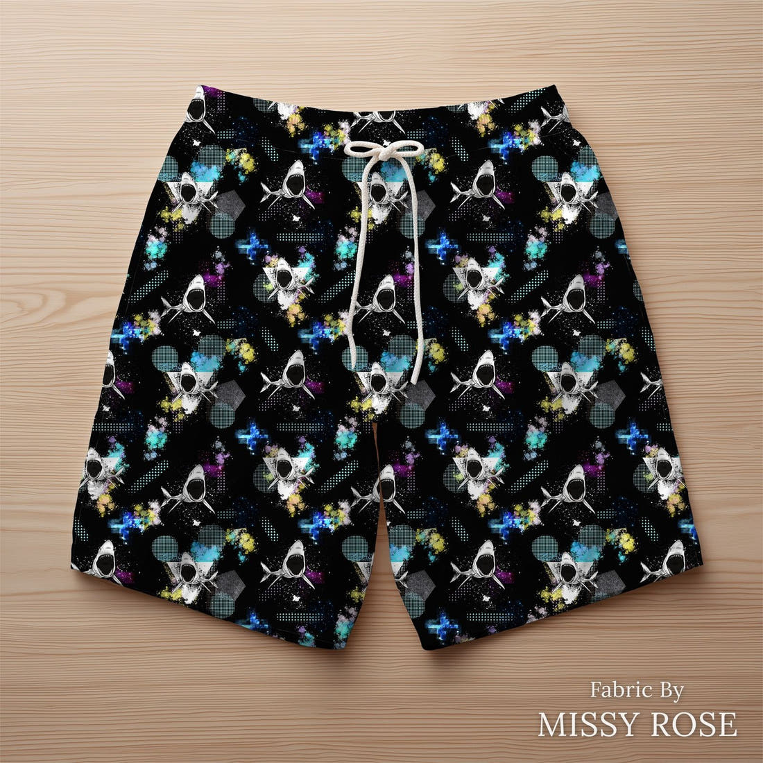 Design 344 Geometric Shark Fabric sewn into swim shorts – see how the print looks made up | Fabric by Missy Rose