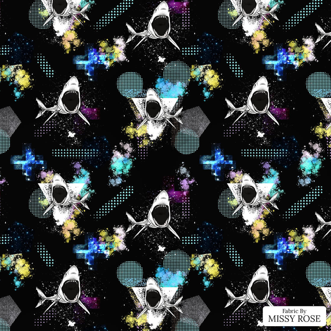 Design 344 Geometric Shark Fabric - flat view of the print, zoom in for detail | Fabric by Missy Rose