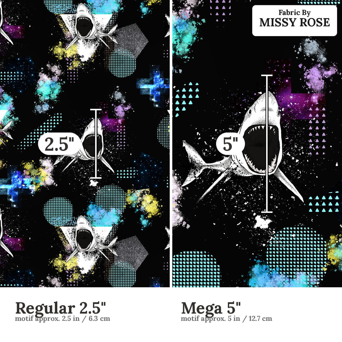 Design 344 Geometric Shark Fabric size comparison - print scale | Fabric by Missy Rose