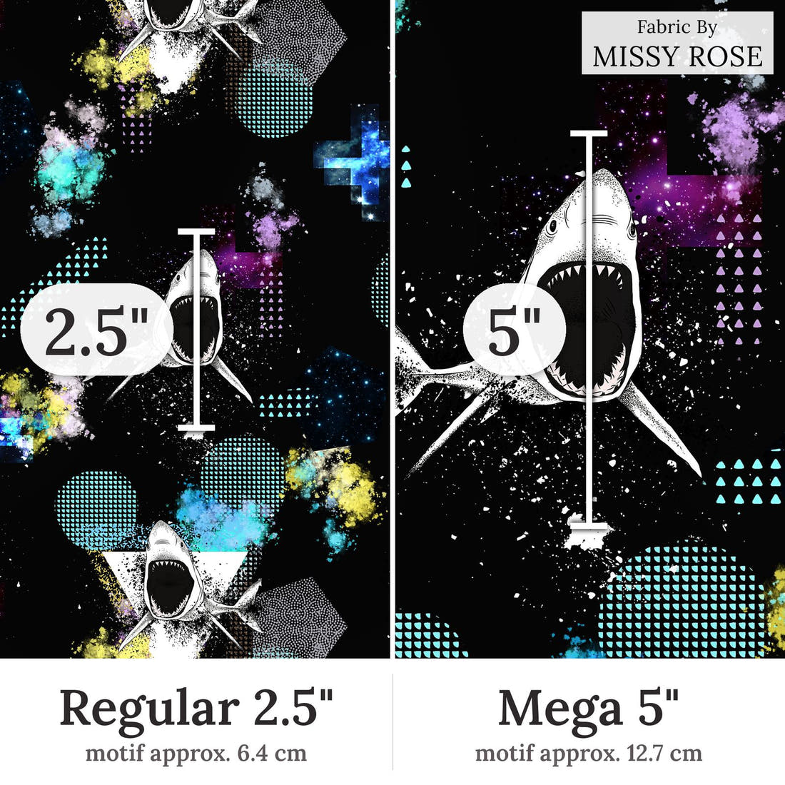 Design 344 Geometric Shark Fabric Regular 2.5 inch vs Mega 5 inch print scale side by side | Fabric by Missy Rose
