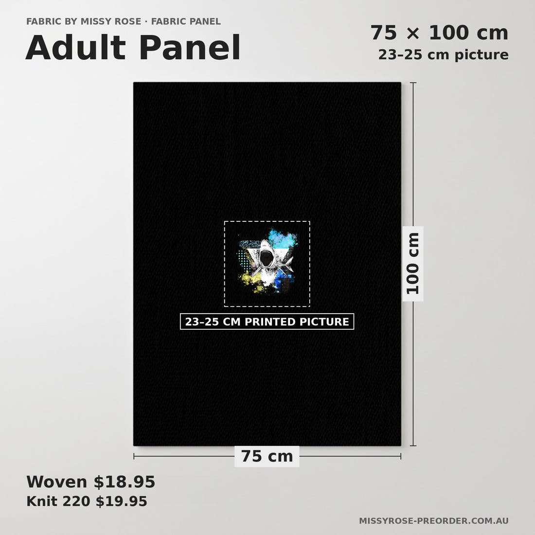 Design 344 Geometric Shark Panel adult panel sizing – 23–25 cm printed picture on 75 × 100 cm fabric | Fabric by Missy Rose