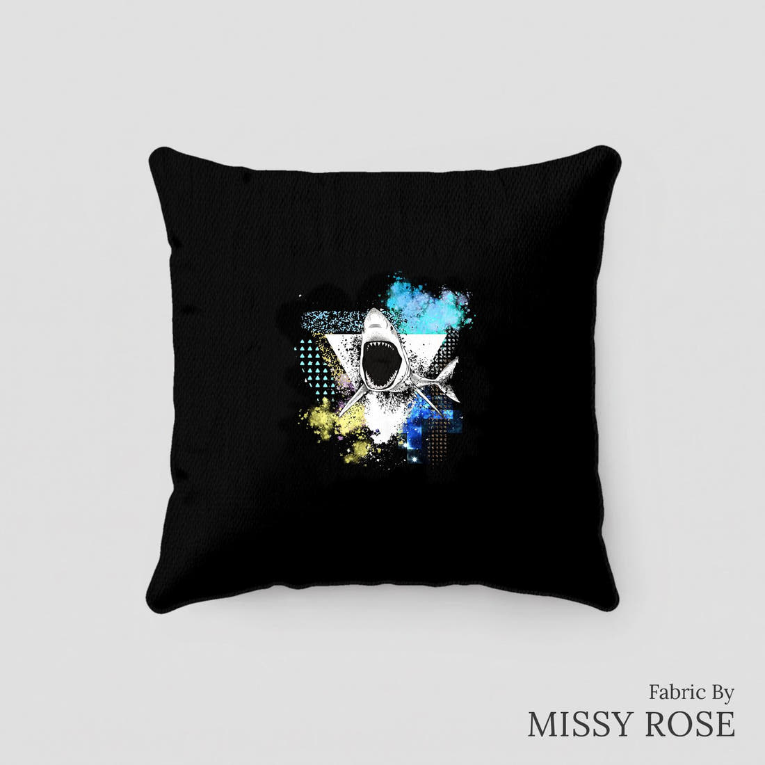 Design 344 Geometric Shark Panel sewn into a cushion – see how the panel looks made up | Fabric by Missy Rose