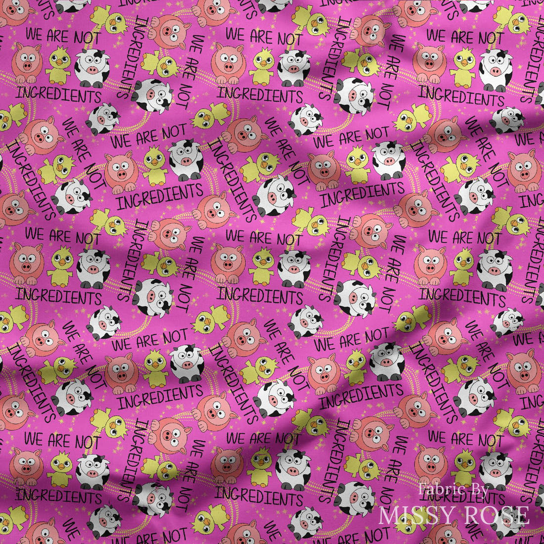 Design 345 Farm Friends Fabric draped fabric mockup – custom printed fabric by the metre | Fabric by Missy Rose