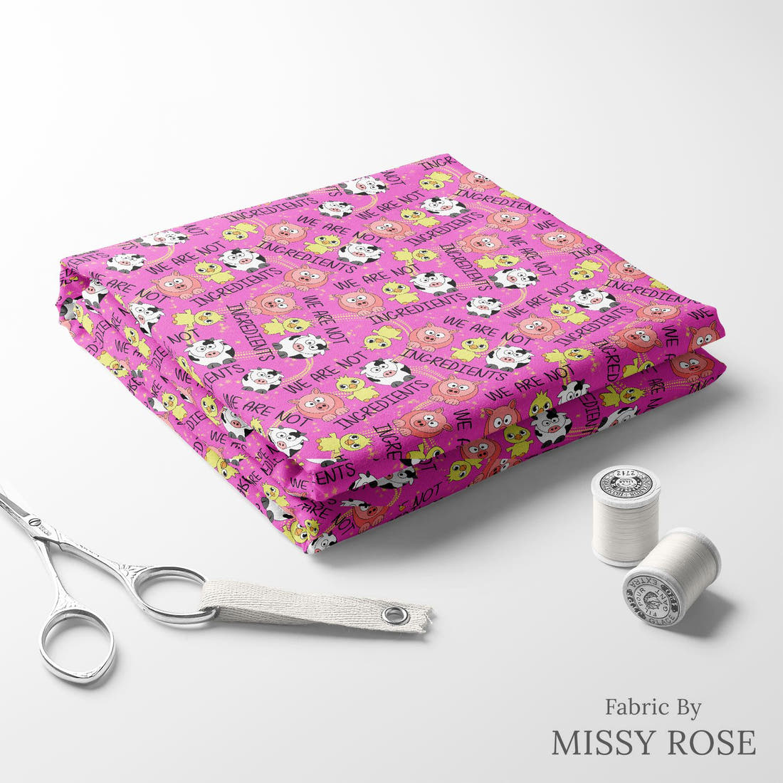Design 345 Farm Friends Fabric folded fabric stack with matching thread – pre-order fabric Australia | Fabric by Missy Rose