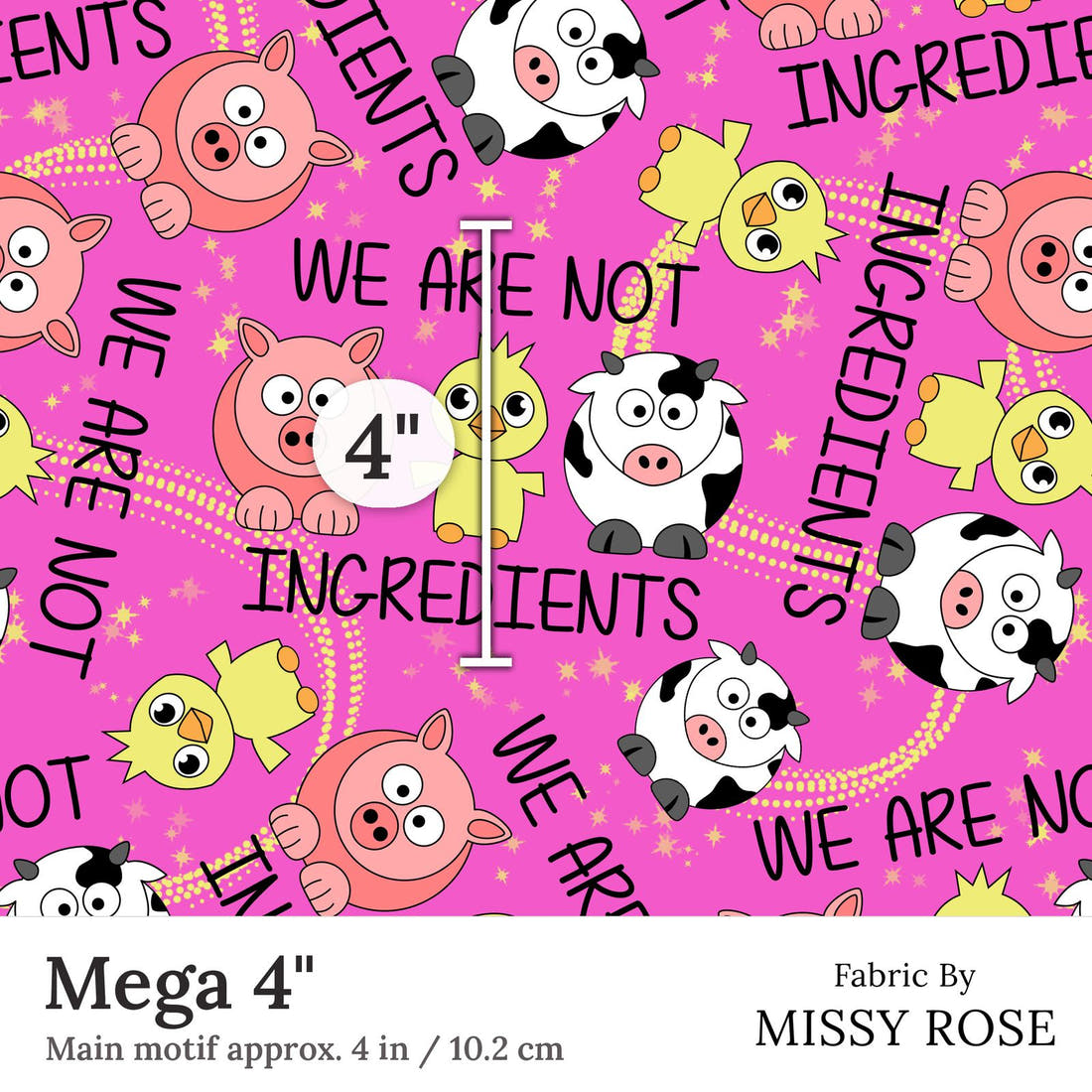 Design 345 Farm Friends Fabric Mega 4 inch print scale guide | Fabric by Missy Rose