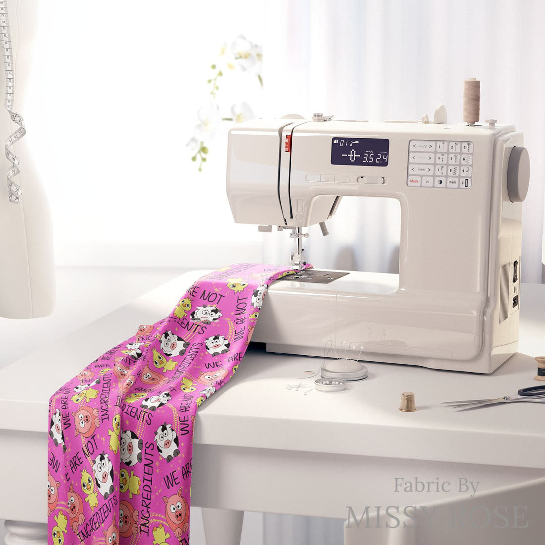 Design 345 Farm Friends Fabric on a sewing machine – premium fabric for sewing projects | Fabric by Missy Rose