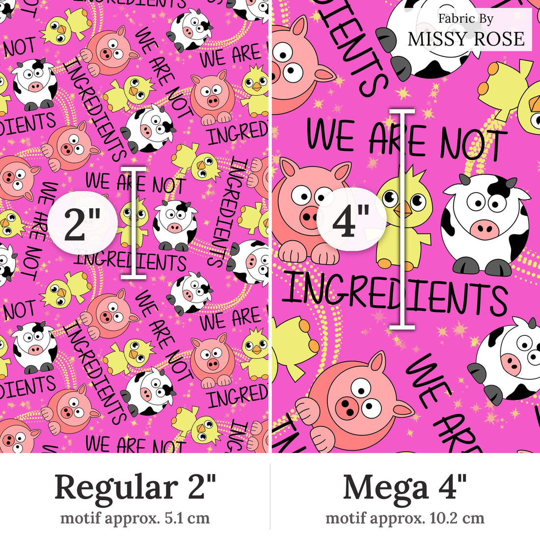 Design 345 Farm Friends Fabric Regular 2 inch vs Mega 4 inch print scale side by side | Fabric by Missy Rose