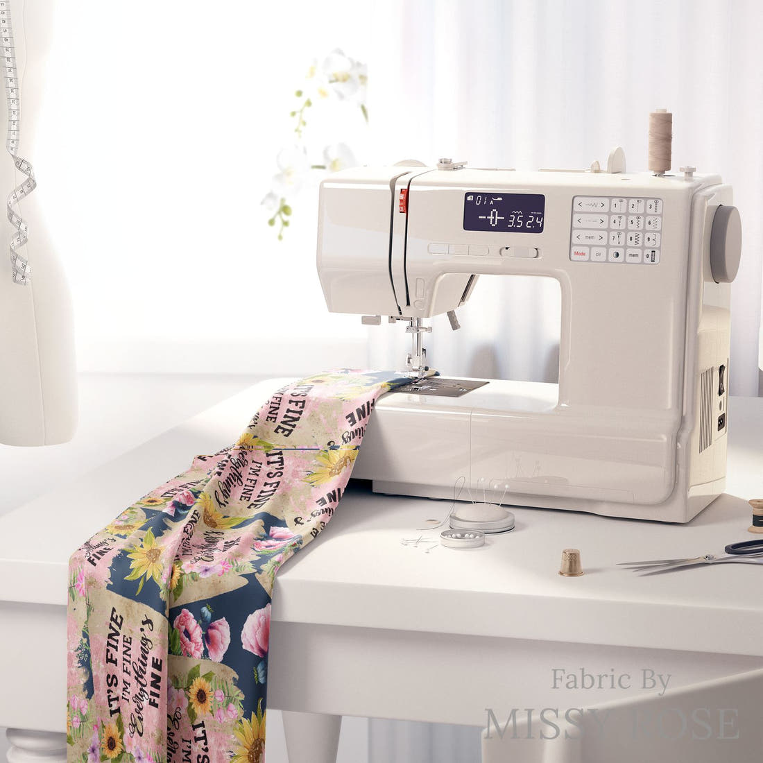 Design 346 Everything Fine Fabric on a sewing machine – premium fabric for sewing projects | Fabric by Missy Rose