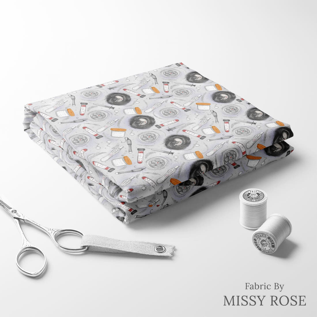 Design 347 Grey IVF Fabric folded fabric stack with matching thread – pre-order fabric Australia | Fabric by Missy Rose