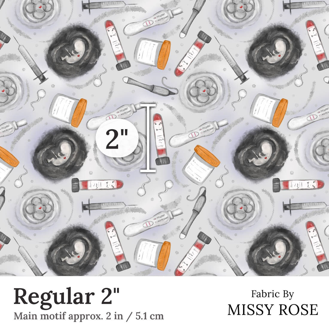 Design 347 Grey IVF Fabric Regular 2 inch print scale guide | Fabric by Missy Rose