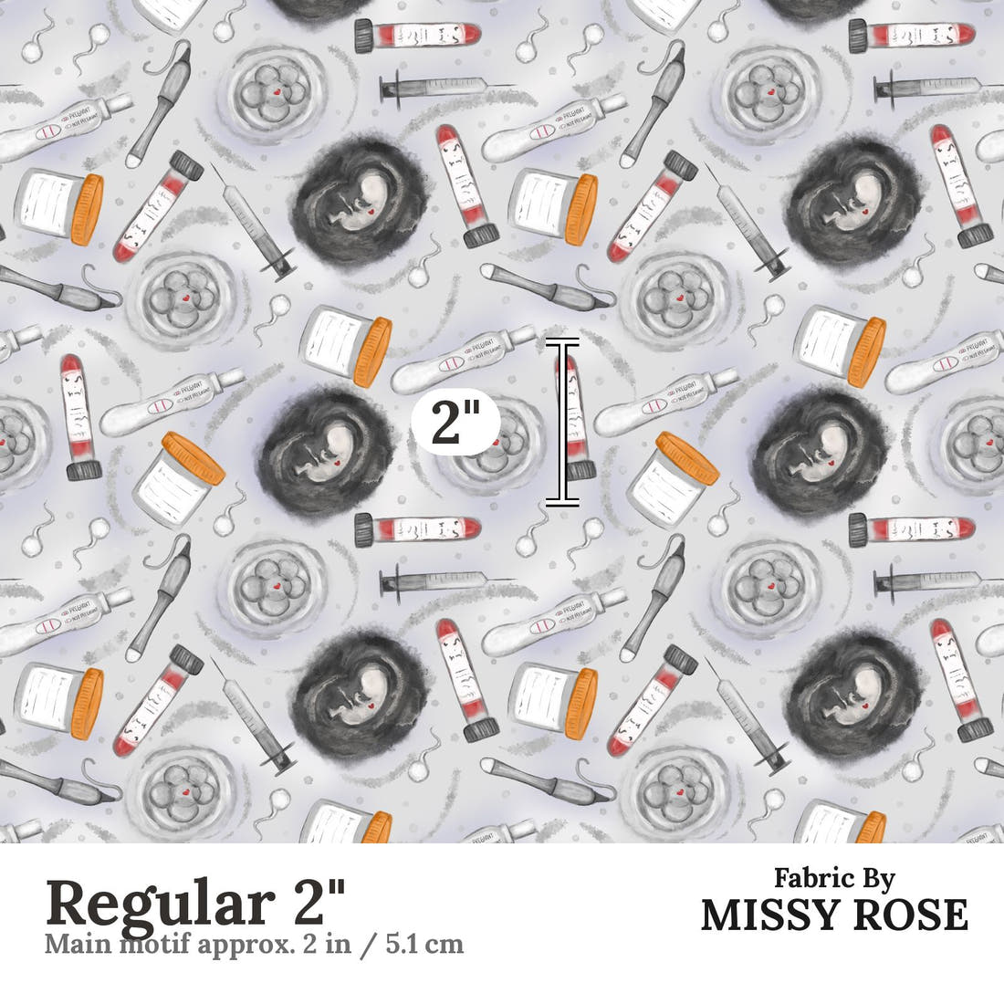 Design 347 Grey IVF Fabric Regular 2" - print scale | Fabric by Missy Rose