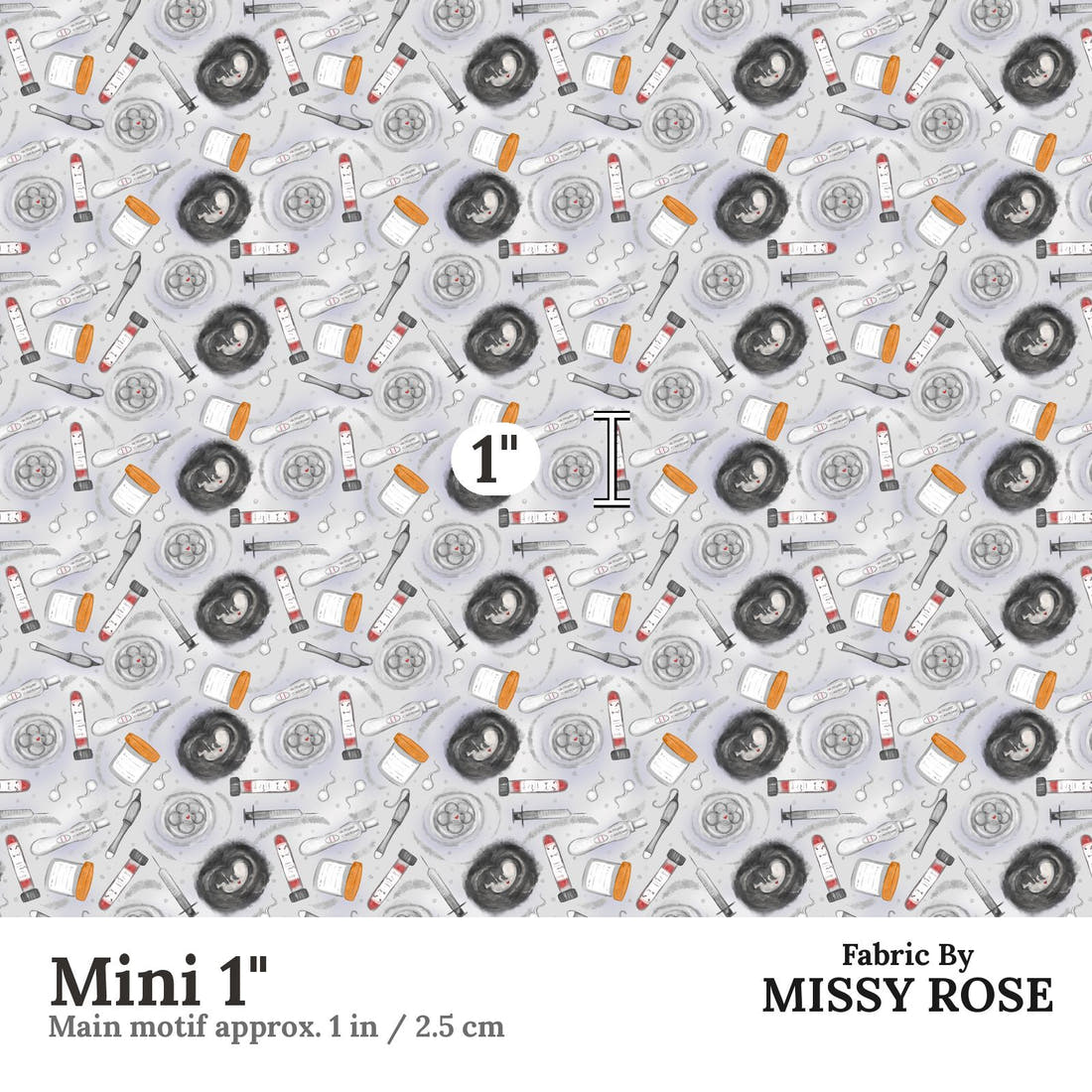 Design 347 Grey IVF Fabric Mini 1" - print scale | Fabric by Missy Rose