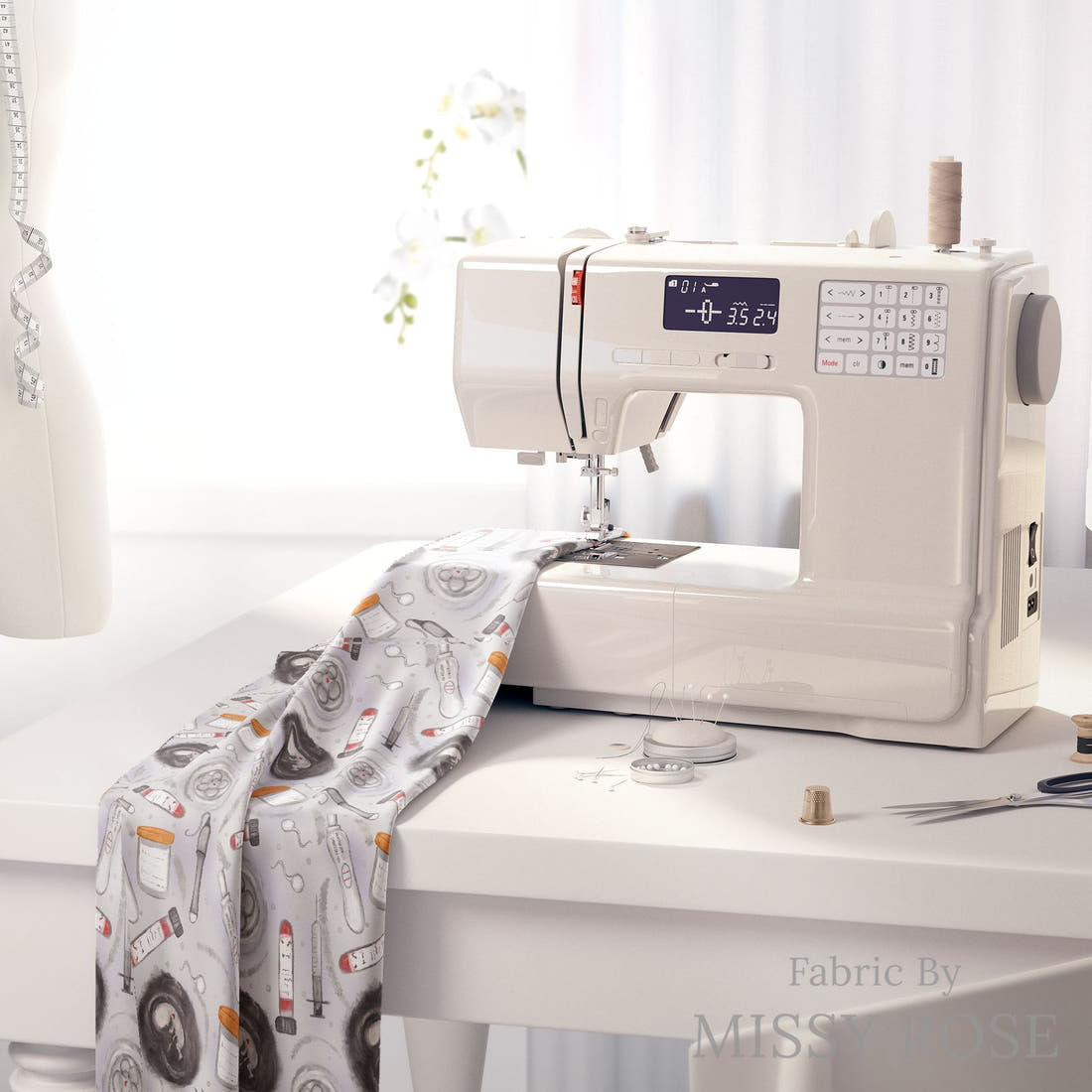 Design 347 Grey IVF Fabric on a sewing machine – premium fabric for sewing projects | Fabric by Missy Rose