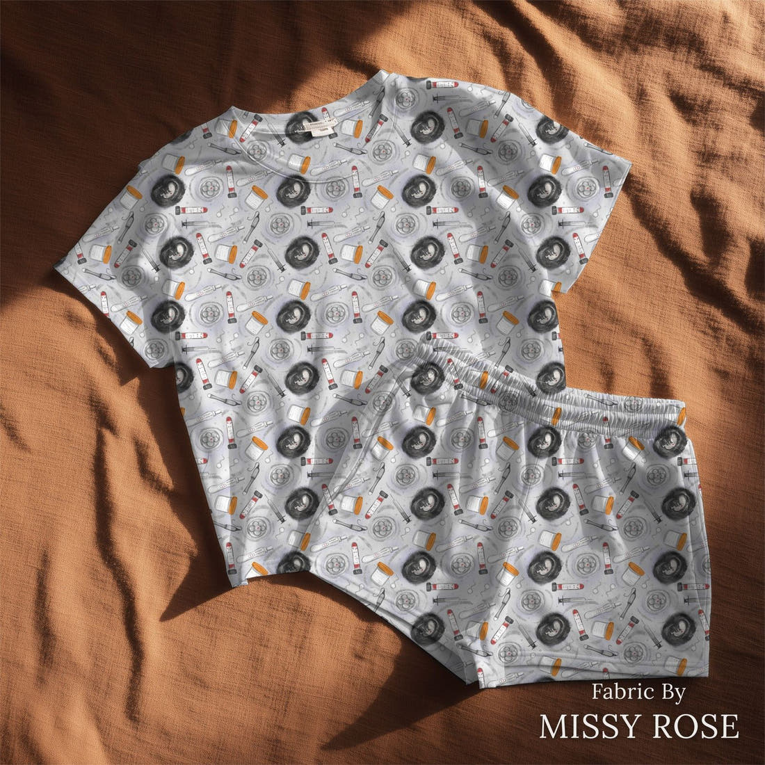 Design 347 Grey IVF Fabric sewn into a lounge set – see how the print looks made up | Fabric by Missy Rose