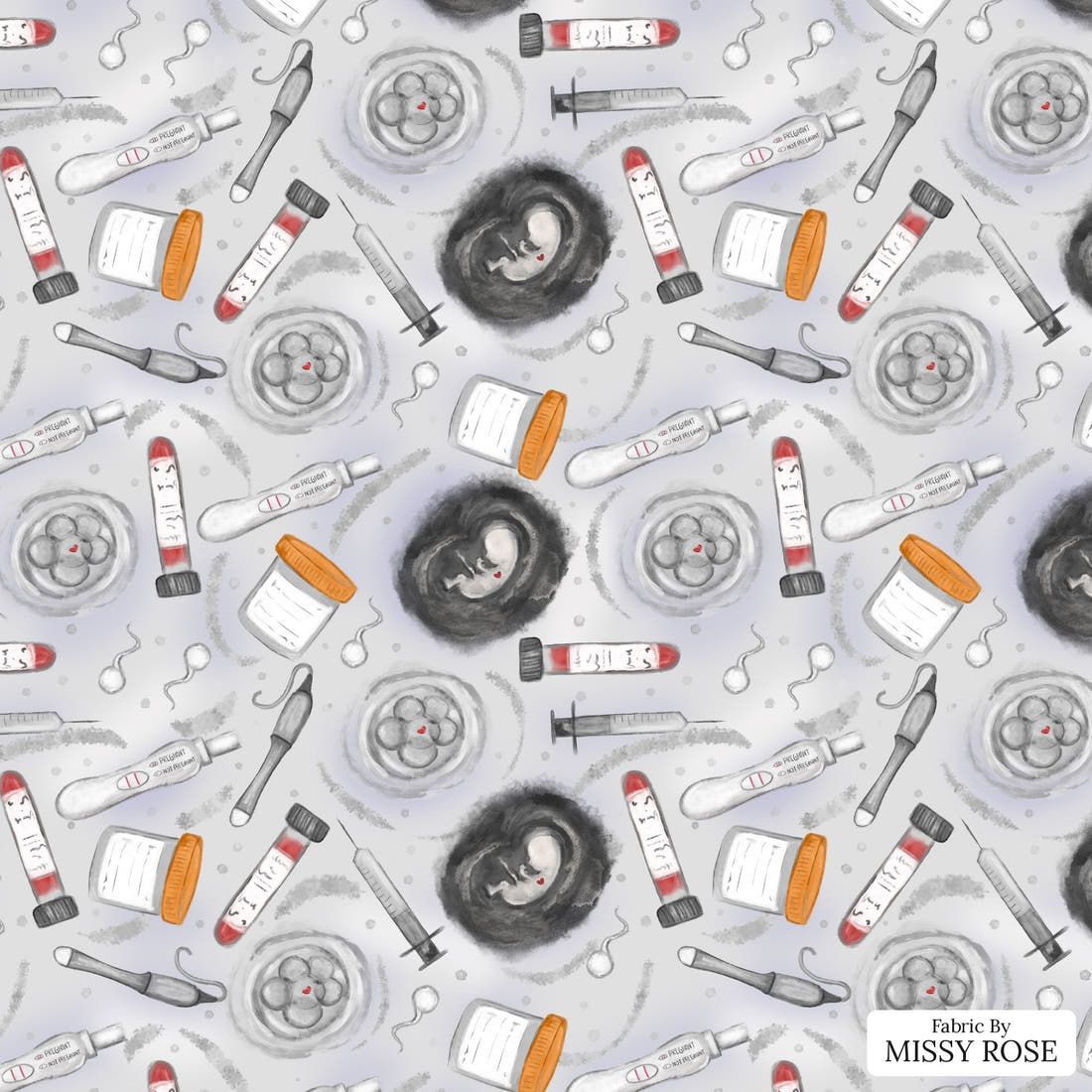 Design 347 Grey IVF Fabric - flat view of the print, zoom in for detail | Fabric by Missy Rose
