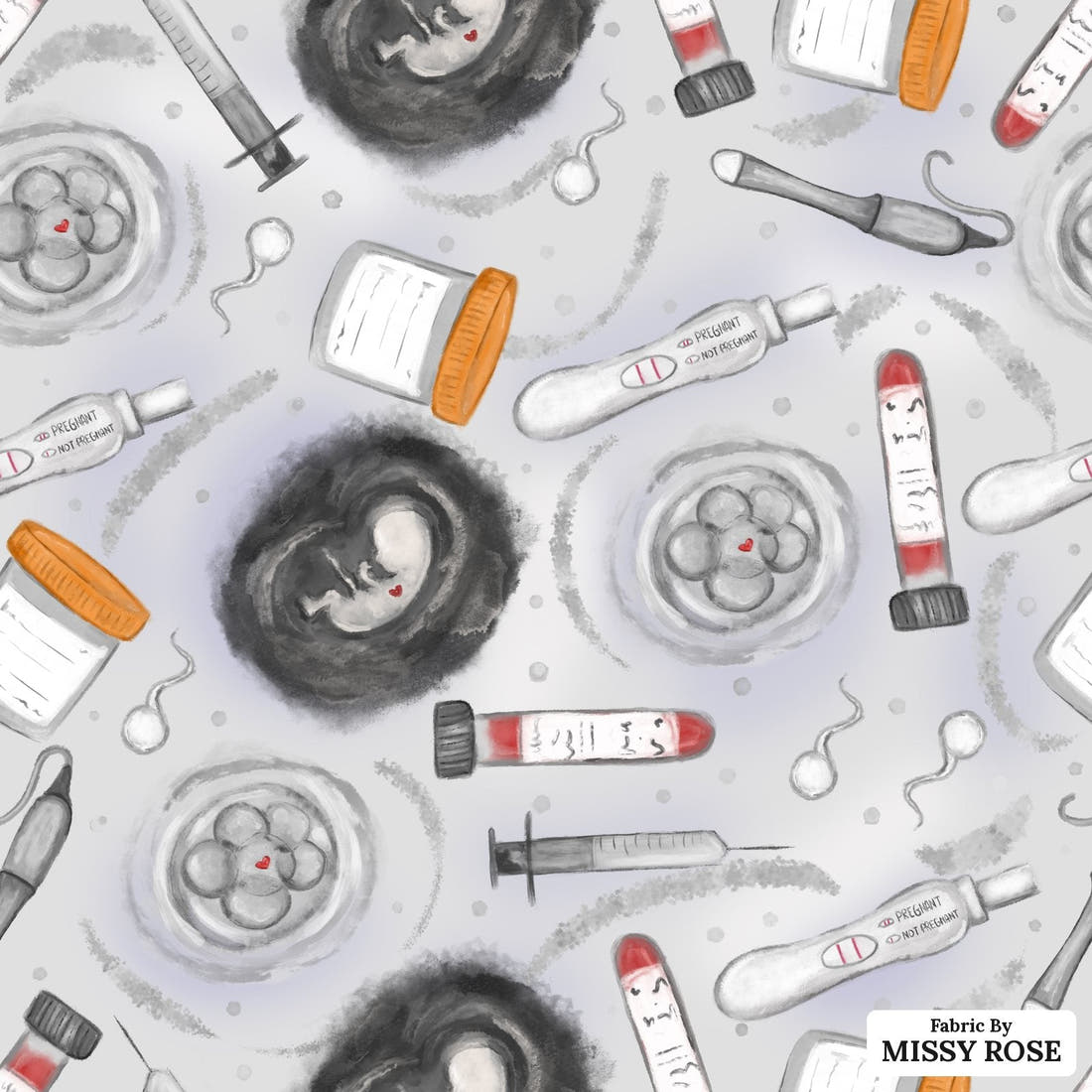 Design 347 Grey IVF Fabric - flat view of the print, zoom in for detail | Fabric by Missy Rose