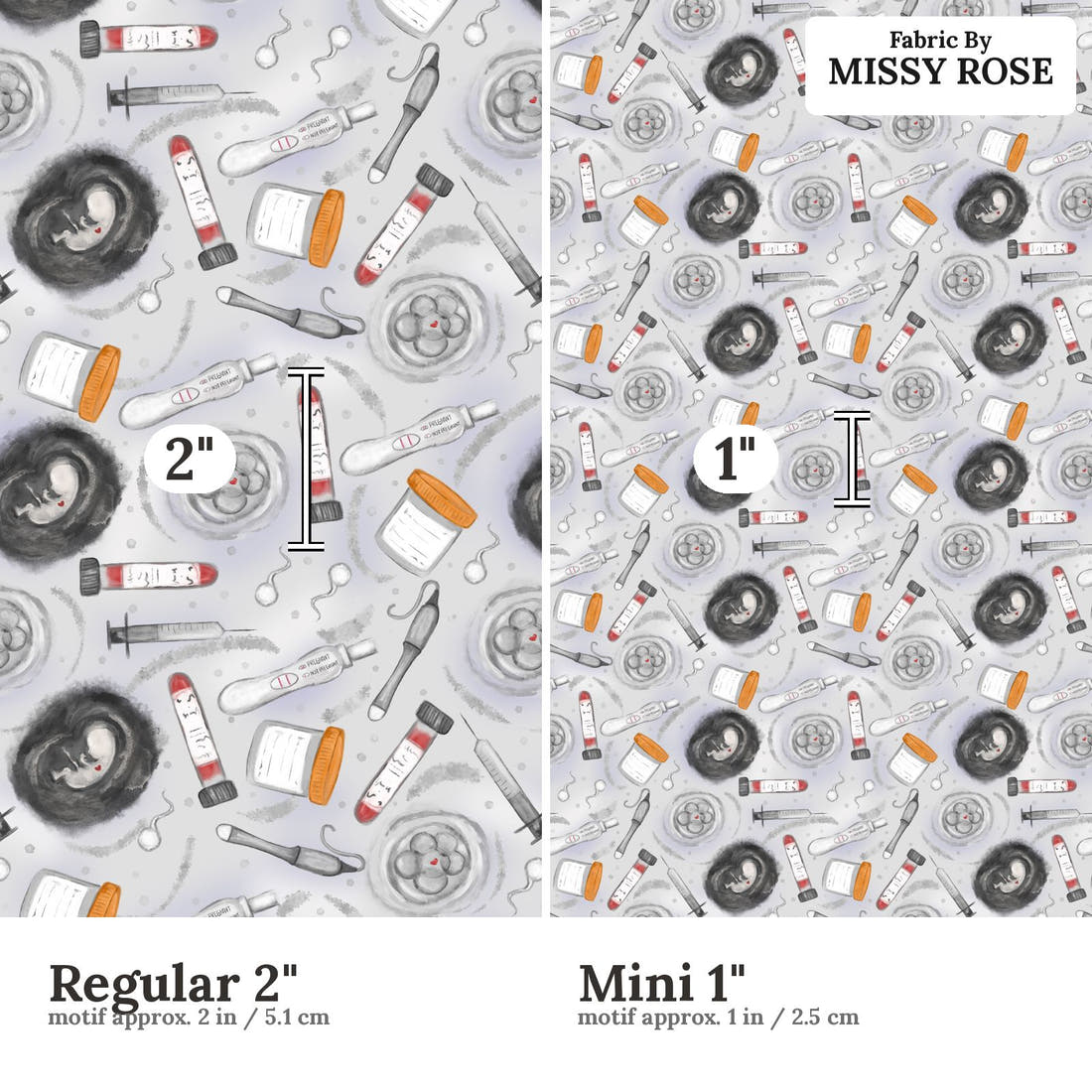 Design 347 Grey IVF Fabric size comparison - print scale | Fabric by Missy Rose