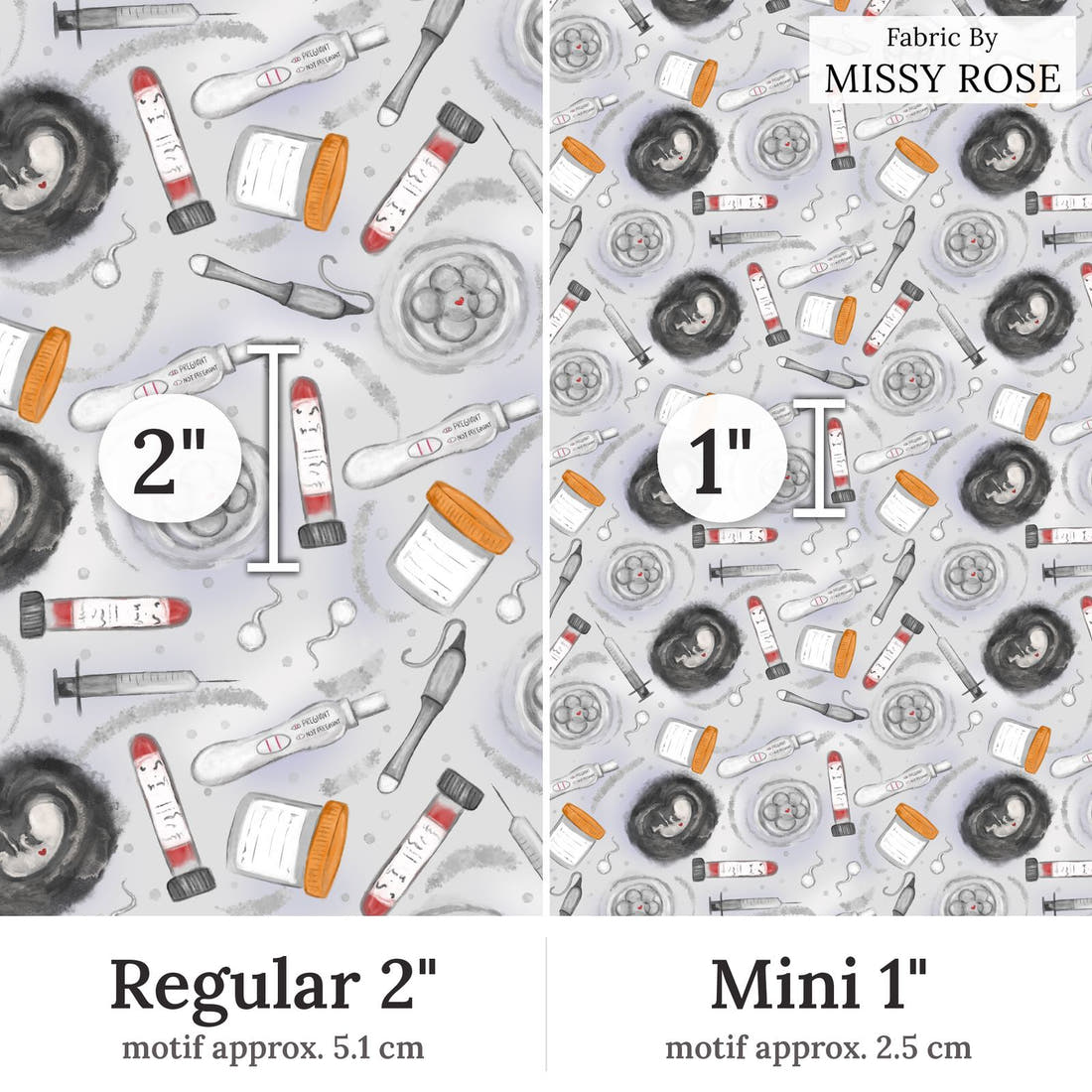 Design 347 Grey IVF Fabric Regular 2 inch vs Mini 1 inch print scale side by side | Fabric by Missy Rose