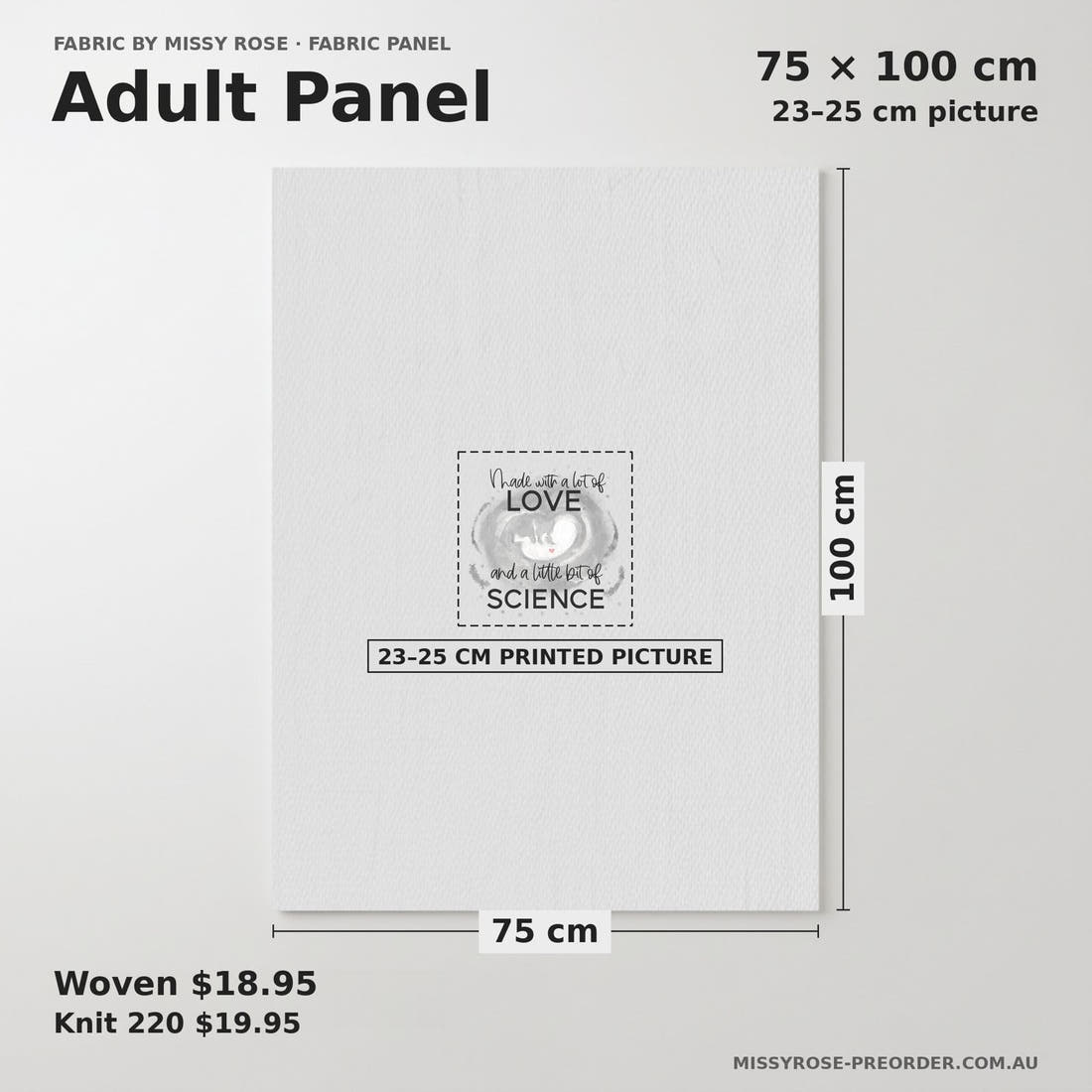Design 347 Grey IVF Panel adult panel sizing – 23–25 cm printed picture on 75 × 100 cm fabric | Fabric by Missy Rose