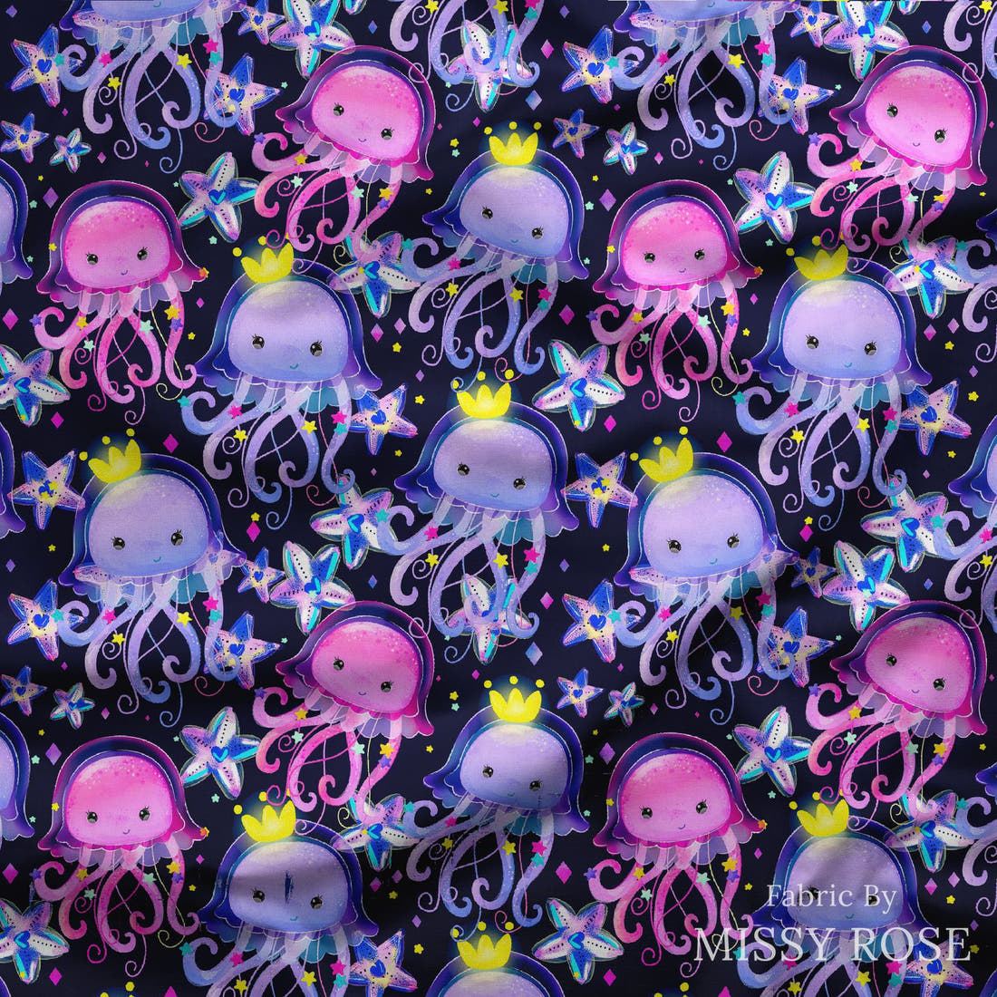 Design 348 Jelly Fish Fabric draped fabric mockup – custom printed fabric by the metre | Fabric by Missy Rose