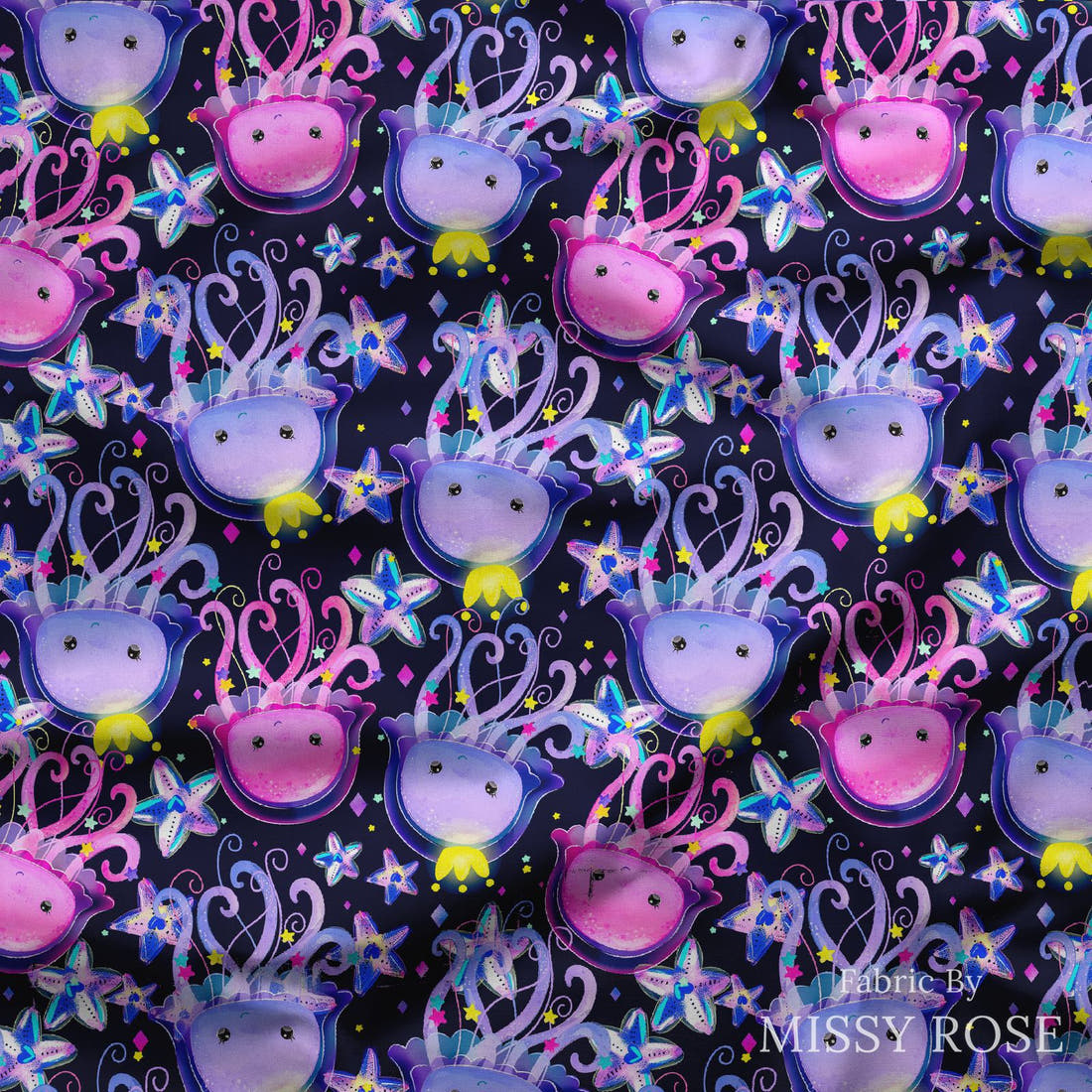 Design 348 Jelly Fish Fabric draped fabric mockup – custom printed fabric by the metre | Fabric by Missy Rose