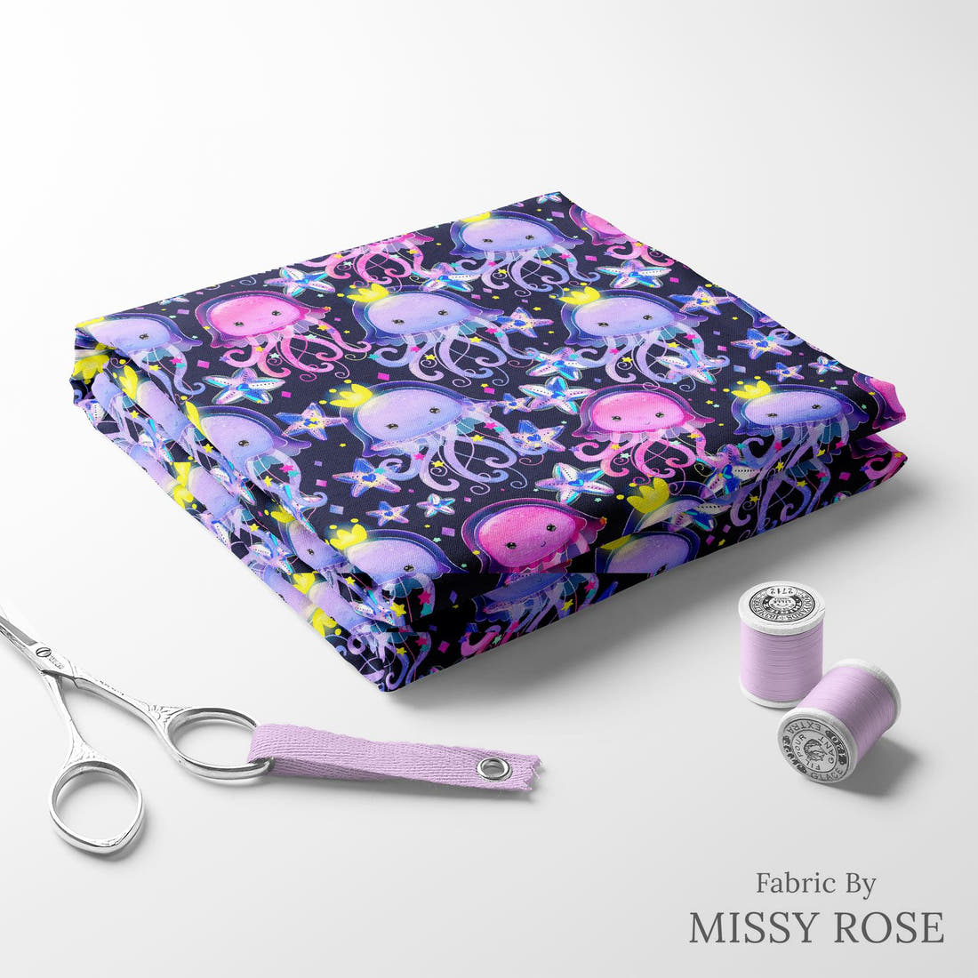 Design 348 Jelly Fish Fabric folded fabric stack with matching thread – pre-order fabric Australia | Fabric by Missy Rose