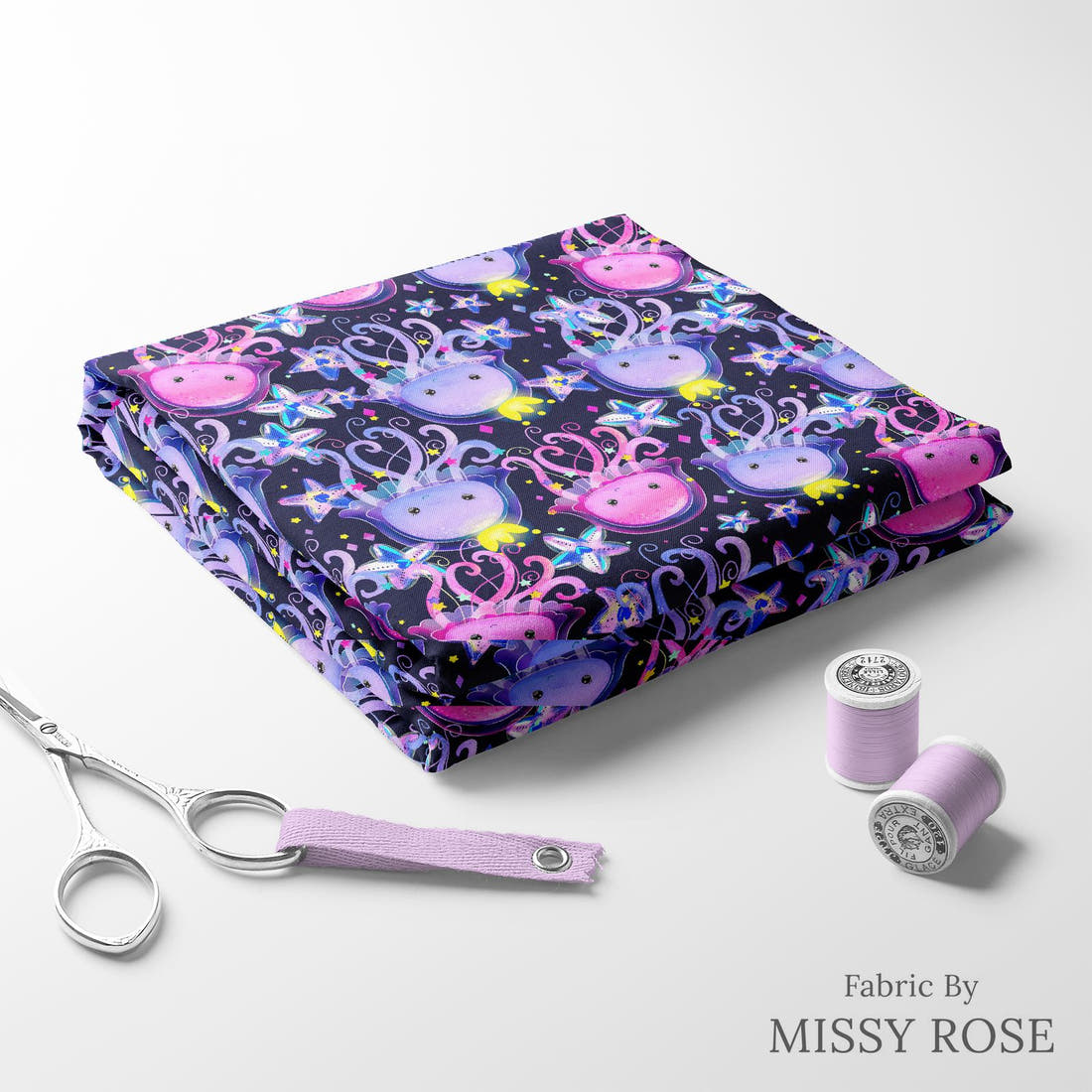 Design 348 Jelly Fish Fabric folded fabric stack with matching thread – pre-order fabric Australia | Fabric by Missy Rose